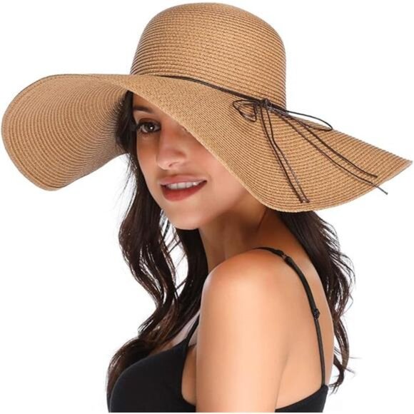Womens Wide Brim Straw Hat Big Floppy Foldable Roll up Cap Beach Sun Hat UPF 50+